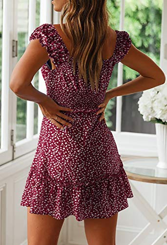 Image of Valphsio Womens Smocked Dress Ruffle Floral Tie Front Boho Short Dresses
