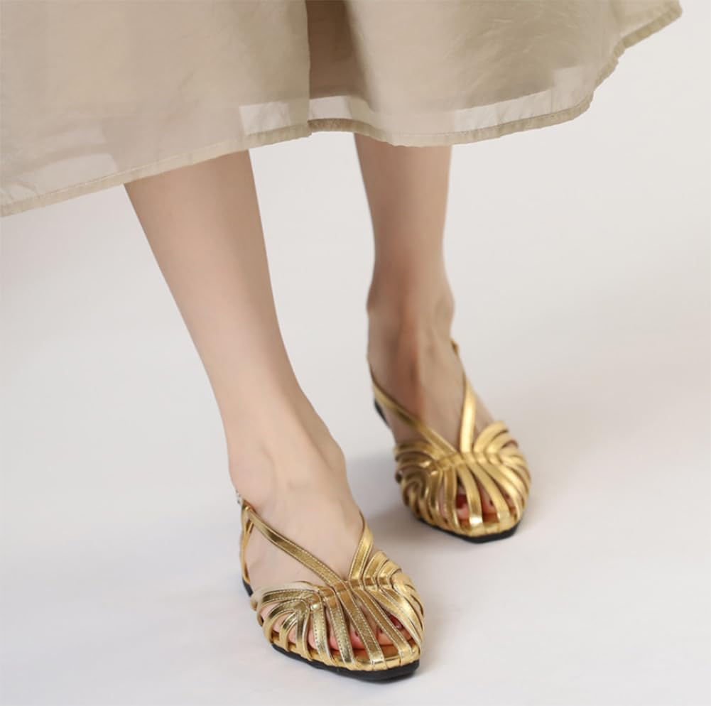 Sandalias Romanas Planas para Mujer Sandalias de Verano con tacón bajo Correa al Tobillo Hebilla Punta Puntiaguda y Tira en T Calada