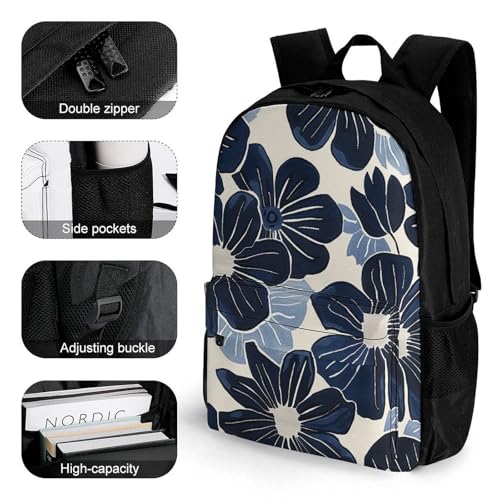 Navy Blue Flowers Casual Backpack 16.1 Inch Laptop Bag Waterproof Travel Daypack With Compartments Unisex Bookbag3