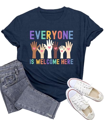 Potia Equality T-Shirt for Women Everyone is Welcome Here Shirt Back to School Tee Human Rights Tops Blue