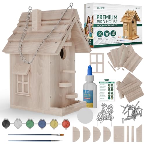 TLSEC Wooden Birdhouse Kit – DIY Fir Wood Hanging Bird House for Kids & Adults | Outdoor Garden Woodworking Project with Shingles, Windows, Wood Slices, Hardware & Video Instructions