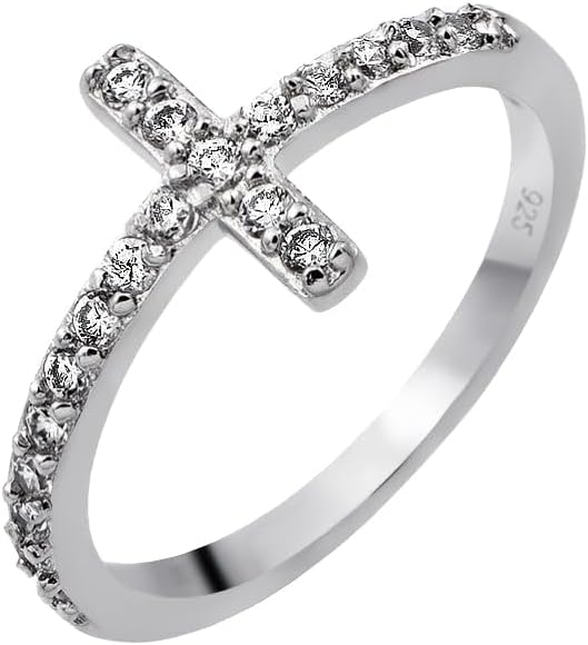 Rhodium Plated Sterling Silver 925 Clear CZ Cross Ring Faith Band Sizes 5-9