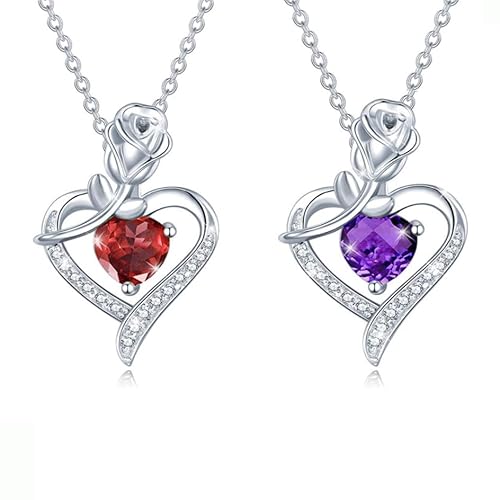 Collar de Corazón, 2 piezas Piedras de Circonita Collar con Rosa Colgante de Corazón, Mujer Joyería Collar de rosa de corazón rojo y morado, Cumpleaños Navidad Aniversario día de San Valentín Regalo
