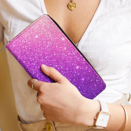 Long PU Zipper Wallet, Travel Purse Fashion Design, Huge Storage Capacity Wallet, Cute Decor Purse For Men And Women Beautiful Purple Shining Glitter Sparkles Pattern 6