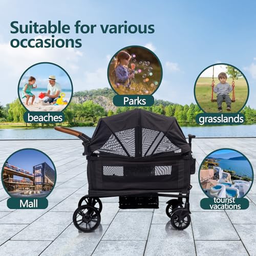 Double Wagon Stroller for Kids&Toddler,Push Pull Lightweight Foldable Travel Umbrella Twins Stroller with 5-Point Harness,Adjustable Handle Bar and Canopy,Foot Wells,Tray Table,Cup Holde