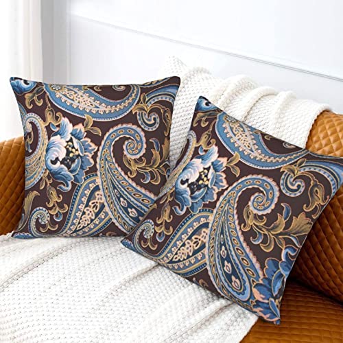 Mahito Set Of 2 Throw Pillow Covers Blue Floral Brown Spirals Vintage Paisley Case Soft Velvet Decorative Home Decor Living Room Cushion Cover For Bed Couch Car 18X18 Inch (13652) #TOP5