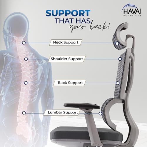 Image of HAVAI Neo High Back Ergonomic Mesh Office Chair | Multi-Lock Mechanism | Chrome Base | 3D Armrests with PU Pads | Adjustable Headrest | Breathable Mesh Back (Grey)