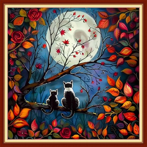 Image of Joyhoor Stamped Cross Stitch Kits for Beginners, Needlepoint Kits for Adults, 11CT Counted Embroidery Kits-Cats Admiring the Moon 18x18 inchs