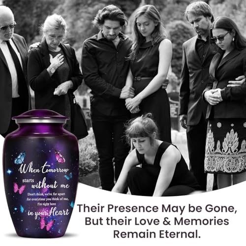 Image of Purple Butterfly Urns for Human Ashes Adult Female & Male with Black Cross Ash Necklace | Handcrafted Purple Urn for Ashes for Women & Men | Large Decorative Urns for Funeral Up to 220lbs