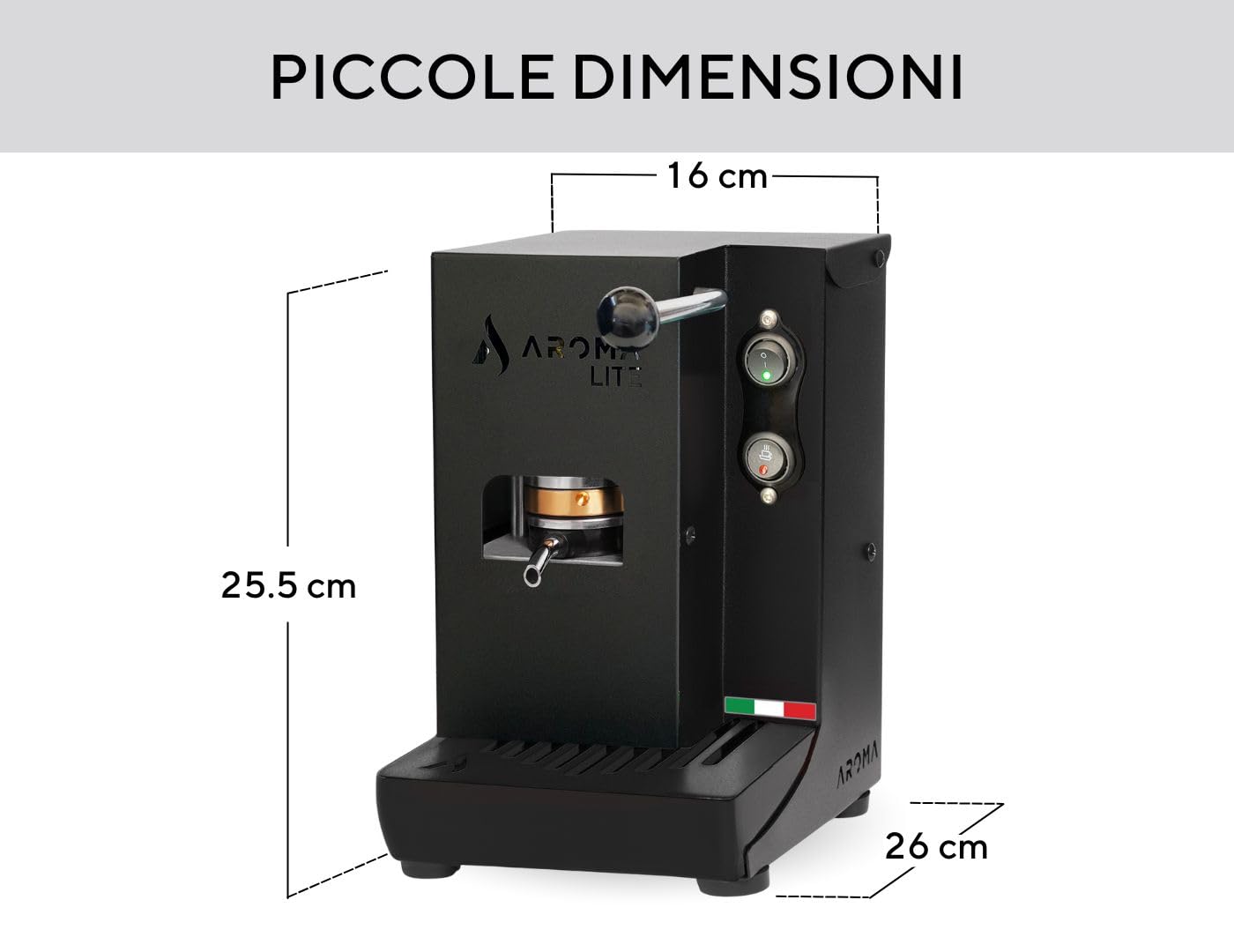 Aroma Lite Macchina Espresso a Cialde ESE 44 mm Pressacialda Ottone | Colore Nero, Serbatoio Vetro, Espresso Cremoso Come al Bar, Piccola, Silenziosa, Made in Italy Casa e Ufficio
