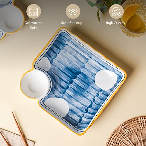 Image of Nestasia Set of 2 Ceramic Chip and Dip Snack Plate with Dip Section | Microwave & Dishwasher Safe Starter Plates | Perfect for Fries, Momos, Sushi, Kebab (White & Blue)