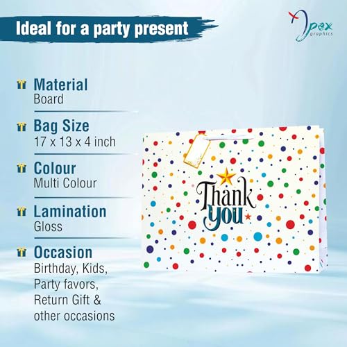 Image of Large Thank You Paper bags - Gift Bags | Pack of 5 | 17 x 13 x 4 Inch - Polka dot design with thank you
