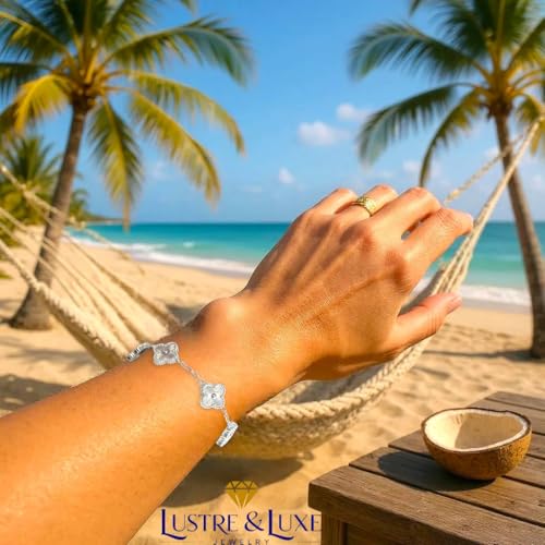 Four Leaf Clover Bracelet for Women – White Gold Plated 316L Stainless Steel, Double-Sided Mother of Pearl, Adjustable Lucky Charm Link Bracelet, Elegant Jewelry Gift for Her, Comes with gift Box.4