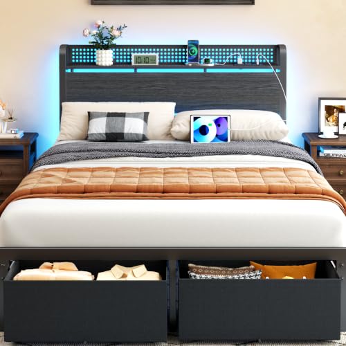 Image of Furnulem Full Size Bed Frame with Headboard Storage, Platform Bed Frame with Charging Station, 2 Drawers & LED Lights, No Box Spring Needed, Noise Free, Easy Assembly, Rustic Grey (1000 lbs Capacity)