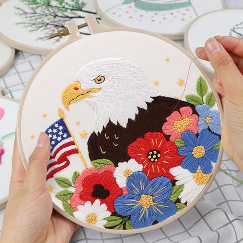 Image of Louise Maelys Bald Eagle Embroidery Kits for Beginners,Cross Stitch Kit with Adults,DIY Arts Craft with Stars and Stripes Flag and Flowers Pattern,Including Cloth,Hoop,Instructions and Threads