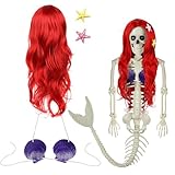 YIBOBO 4Pcs Halloween Decoration Set for Mermaid Skeleton, Life Size Mermaid Decor Include Red Wig with 2 Starfish Hair Clips and Seashell Bra with Cord for Women Halloween, Not Include Skeleton (red)
