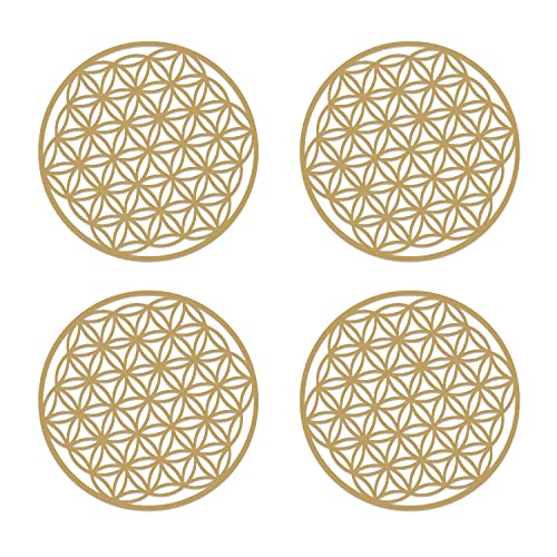 BEIIEB 4 Stück Blume des Lebens aus Holz, Dekoration für zu Hause, Wandbilder, spirituelle Symbole, esoterische Geschenke, geschnitzte Untersetzer, für Reinigung, Meditation, Lichttherapie