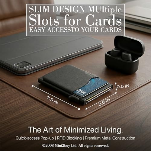Image of Mini2buy Aluminium Pop-Up Slim Card Wallet with Quick Access Button for Men & Women [Smart 9 Slot Credit /Debit ATM] RFID Blocking, Minimalist Design, Corporate Gift (Pocket-Black)