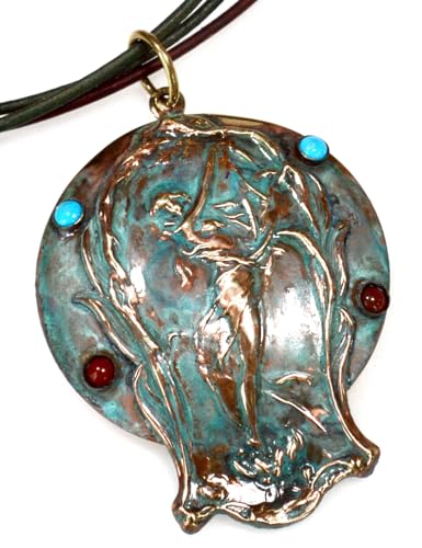 Elaine Coyne Collectible Artwear Verdigris Patina Art Nouveau Lady Floral Pendant Necklace - Turquoise and Jasper2