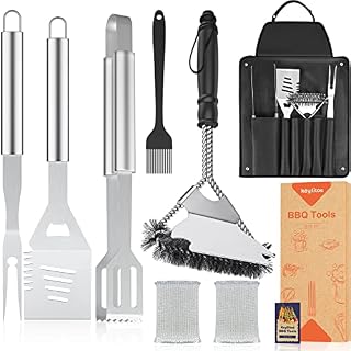 Keylitos BBQ Accessories Grill Tool Utensils Set with Spatula Long Tongs Fork Cleaning Scraper Brush Silicone Brush Storage Apron, Heavy Duty Stainless Steel Grilling Gift for Men Outdoor Barbecue Kit