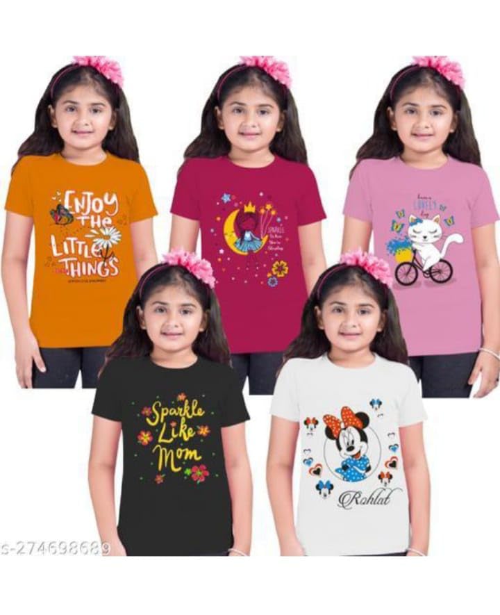Image of Girls Printed Cotton Half Sleeve Regular Fit Casual t-Shirts Set Combo (Pack of 5)