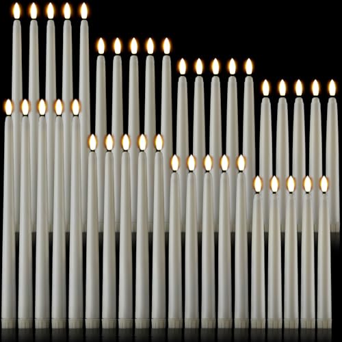Image of Baquler Flameless Taper Candles LED Flickering Candlesticks, Ivory, 40 Pcs | 8.5 /9.7 /10.8 /12.8 Inch, Battery Operated, Flickering Glow, Artificial Fake Candle, Wedding Halloween Christmas Birthday Decor