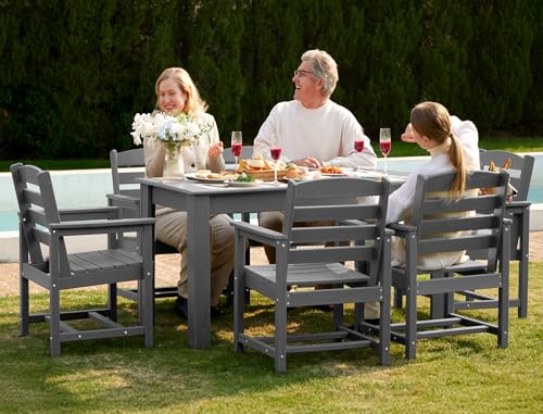 Image of SERWALL 59 inch HDPE Outdoor Dining Set for 6, w / 1 Table & 6 Armchairs, Gray