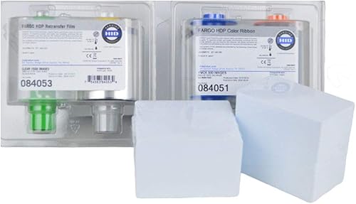 Fargo 84051 YMCK (500 rendimiento de impresión) + película de transferencia Fargo 84053 (transferencia de 1500) + 200 tarjetas CR80.30 de PVC blanco