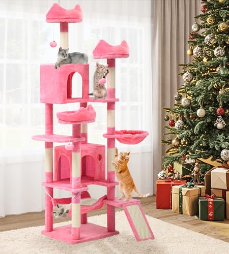 YITAHOME Tall Cat Tree for Indoor Cats, 75 inch Multi-Level Cat Tower with Cat Condos, Top Perches, Sisal Ramp Scratching Posts, Cozy Basket,Hammocks, Large Cat Pet Activity Structure,Pink