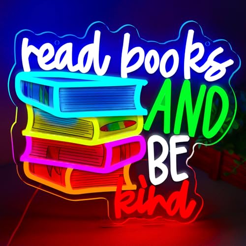 Image of LED Read Books Be Kind Neon Signs Classroom Neon Lights Wall Decor for Reading Room, Classroom, Bookstore, Library, Museum, Study Room Gifts Art for Book Lover, Kids,Friends,family-13.4 x 12.6 IN-USB Powered-Acrylic