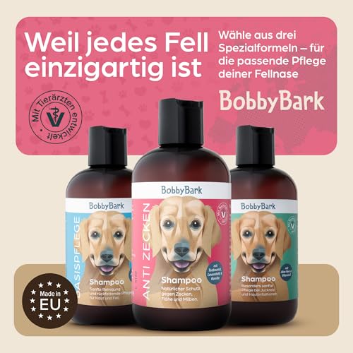 Bobby Bark Hundeshampoo Anti-Zecken – Natürlicher Schutz gegen Zecken, Flöhe & Milben mit Teebaumöl, Lavendelöl & Kamille – Mild & Hautfreundlich – pH-neutral, Vegan, Pflegend