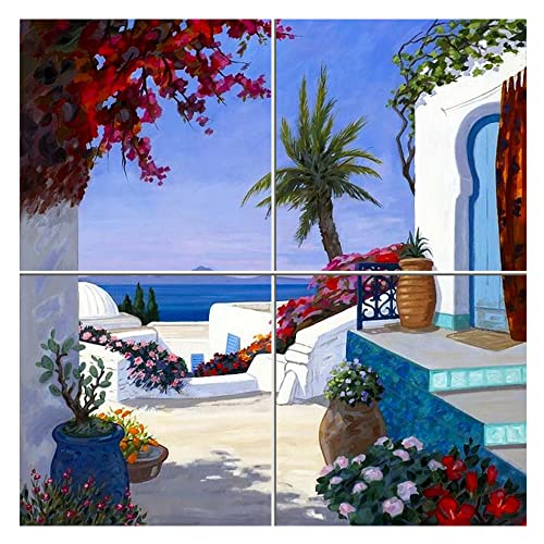 Napolamp Cuadro Mosaico de 4 Azulejos de cerámica cm. 15x15 con Estampa Paisaje 2 en Estilo Mediterráneo Tamaño Mosaico cm. 30x30