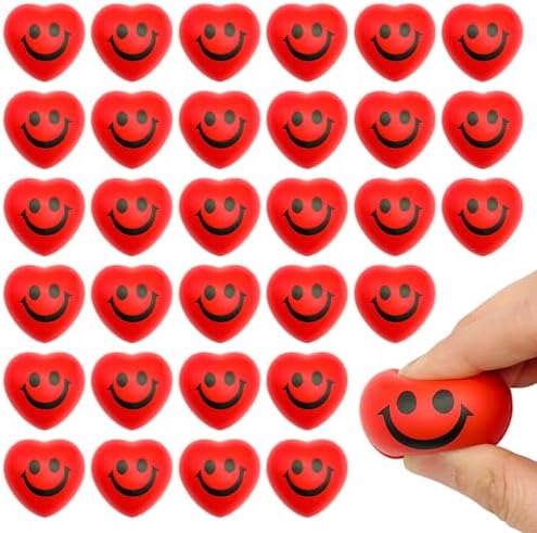 30 PCS Heart Stress Balls,Red Smile Funny Face Stress Balls,1.6inch Stress Relief Smile Balls for Valentine's Day Gifts,Goody Bags,Party Favors,School Carnival Reward