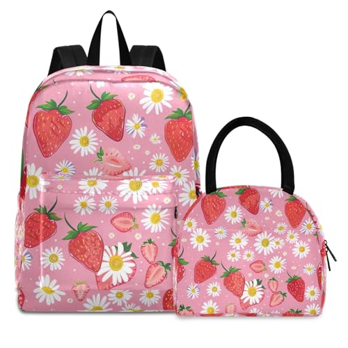 Childrens Backpacks, Red Strawberries White Daisies Waterproof Cooler Bags Insulated, Middle School Backpacks for Boys and Girls