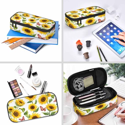 Image of Sunflowers Pencil Case Organizer Butterflies Bright Summer Flowers Stationery Box Makeup Box School Supply for Boy Girl Men Women