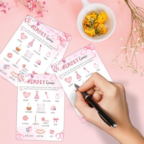 Image of Pink Slumber Party Games Card - Coquette Pink Bow Themed Sleepover Slumber Party Supplies- Sleepover Stuff- Birthday Night Games Creative Idea -Memory Game- 20 Game Cards