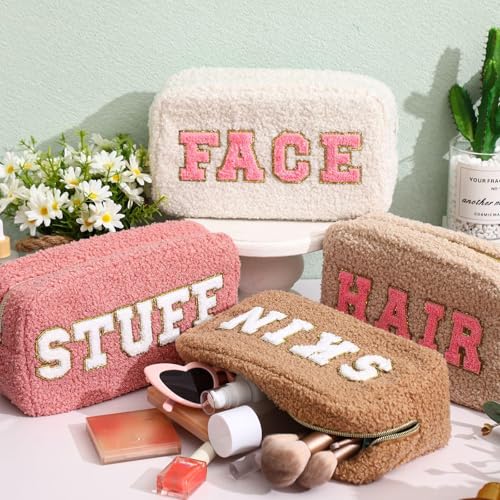 Paterr 4 Pcs Chenille Letter Preppy Patches Makeup Bag Plush Fuzzy Makeup Pouch Hair Skin Face Stuff Bag Large Cosmetic Purse Zipper Travel Toiletry Kit for Spring Gift(Pink Brown Colors)3