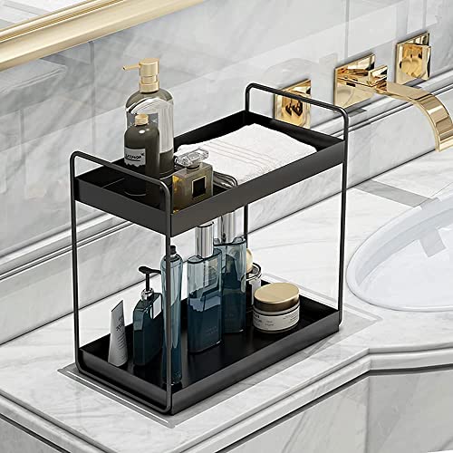 Image of CHHAAP Metal Heavy 2-Tier Bathroom Countertop Organizer Decorative Vanity Cosmetic & Makeup Storage Kitchen Spice Rack Standing Shelf Storage Shelf Organizer Black (Pack of 1) (NHSP)