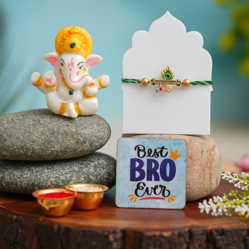 Image of eCraftIndia Divine Krishna Rakhi Gift Set for Brother with Lord Ganesha Idol & Best Bro Ever Fridge Magnet | Premium Designer Rakhi with Roli Chawal | Raksha Bandhan Gift Hamper