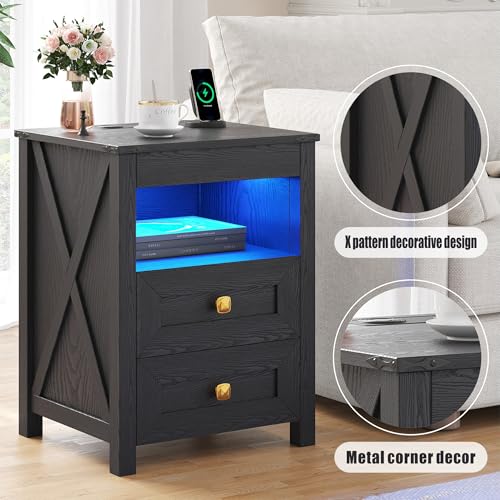 Image of FREDEES Gun Night Stand with LED Lights & Charging Station, Black | Human Sensor Lights, USB /Type-C /Wireless Charging Station, Smart Farmhouse Bedside Table