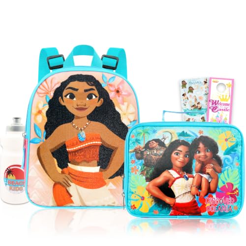 Moana Mini mochila com conjunto de lancheira – Pacote com bolsa escolar pequena Disney de 28 cm, lancheira, adesivos, garrafa de água, mais | Mochila Moana para meninas de 4 a 6 anos