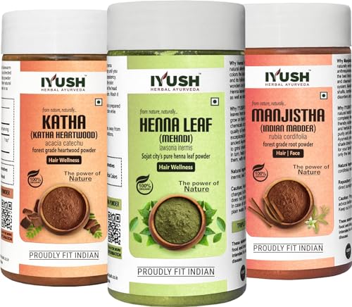 IYUSH Herbal Ayurveda Manjistha Powder with Katha Powder for Hair and Henna Powder for Hair Colour – 300gm | Natural Hair Colour | Hair Volume Powder | Hair Mask for Hair Growth | 100gm each