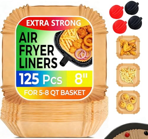 Air Fryer Liners Disposable: 125Pcs Unbleached Parchment Paper Liners, 8" Square Non-Stick Disposable Sheets for 5-8 QT Baskets, Oil-Proof for Easy Cleanup | with Air Fryer Magnets for Parchment Paper