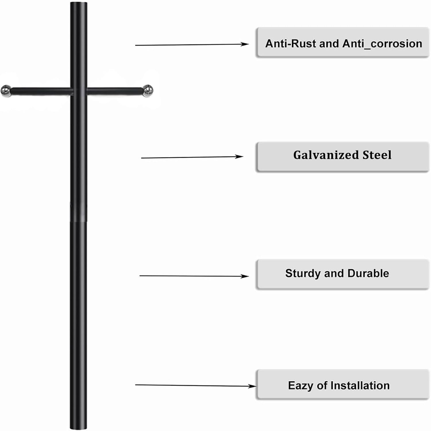 80 Inch Outdoor Lamp Post – Weather-Resistant Black Steel Light Pole with Cast Iron Cross Arm for Driveway, Front Yard, Pathway – Direct Burial Installation