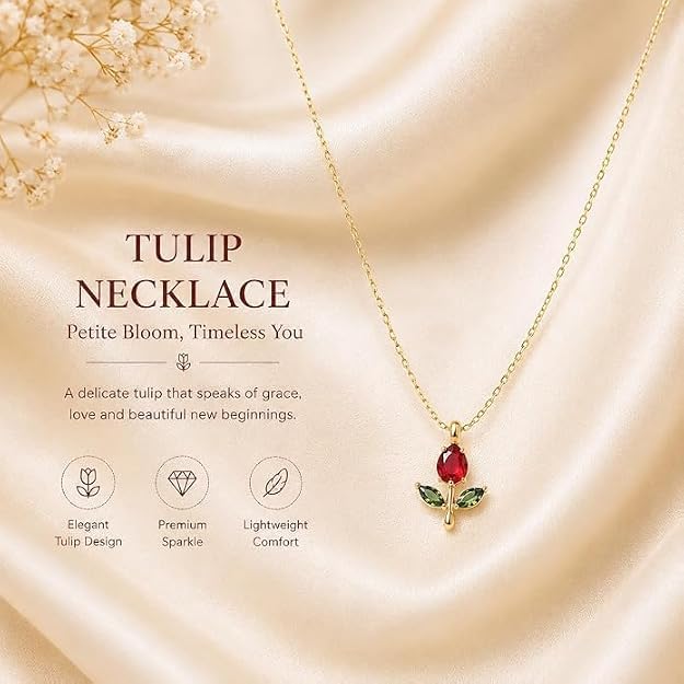 Image of Gold-Tone Rose Pendant Necklace for Women with Red Crystal, Floral Charm Chain Stainless Steel Anti Tarnish Waterproof Hypoallergenic, Gift for Her