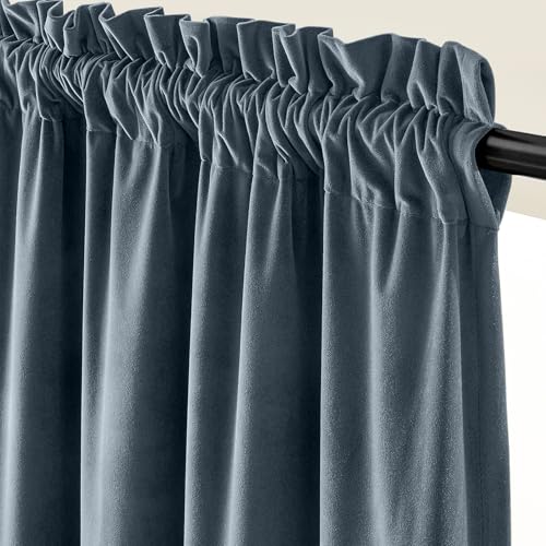 Image of Dark Slate Velvet Curtains Rod Pocket 42x120 Inch 2 Panels | Soft Velvet, For Tall Windows & High Ceilings, Light Shifting Texture, Elegant Luxury Drape, Serene, Fresh