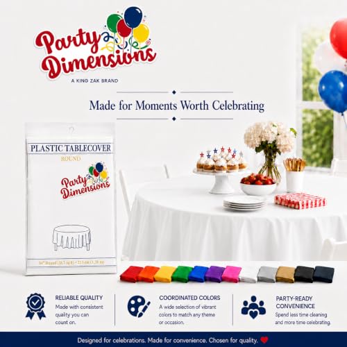 Image of Party Dimensions White Disposable Plastic Tablecloth, Round, 84 inch, 12 Pack | Disposable Waterproof Table Cover for Birthdays, Weddings, Graduations, Picnics & BBQs, Indoor /Outdoor, Fits Tables up to 72 inch