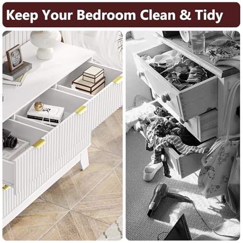 Image of White Dresser 7 Drawer Dresser for Bedroom, 47''W Fluted Wooden Dresser Storage Cabinet and Chest of Drawers with Metal Handle, Storage Organizer for Living Room, Hallway, Entryway