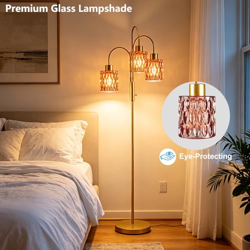 Image of 70 inch Glass Floor Lamp, 3-Light Gold Dimmable Standing Tall Lamp with Deep Red Glass Shades &3PCS 3000K Warm White Bulbs for Wedding /Party, Modern Tree Pole Lamp for Living Room Bedroom Home Decor