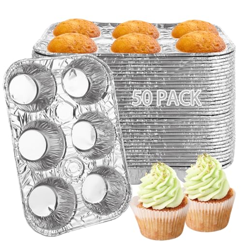 LDHHYH 50 Pack 6-Cup Aluminum Muffin Pans, Disposable Muffin Tins for Baking, Standard Size Cupcake Pans for Baking Cupcakes, Muffins and Mini Quiches - 10 x 6.6 x 1.5 inch